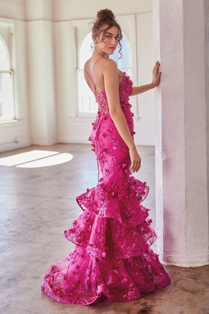 Elegant Fitted V-Neck Floral Tiered Lace Up Mermaid Gown #CC2288
