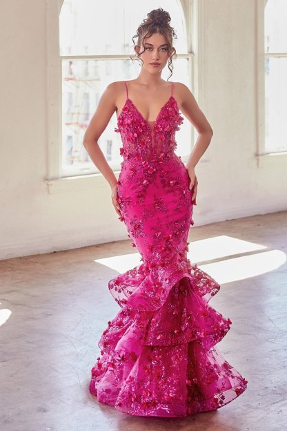 Elegant Fitted V-Neck Floral Tiered Lace Up Mermaid Gown #CC2288
