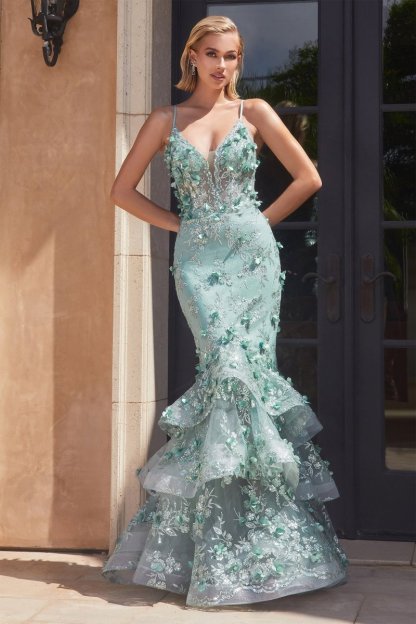 Elegant Fitted V-Neck Floral Tiered Lace Up Mermaid Gown #CC2288
