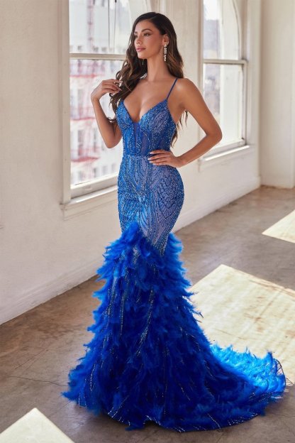 Sexy V-Neck Thin Straps Embellished Feather Mermaid Gown #CC2308