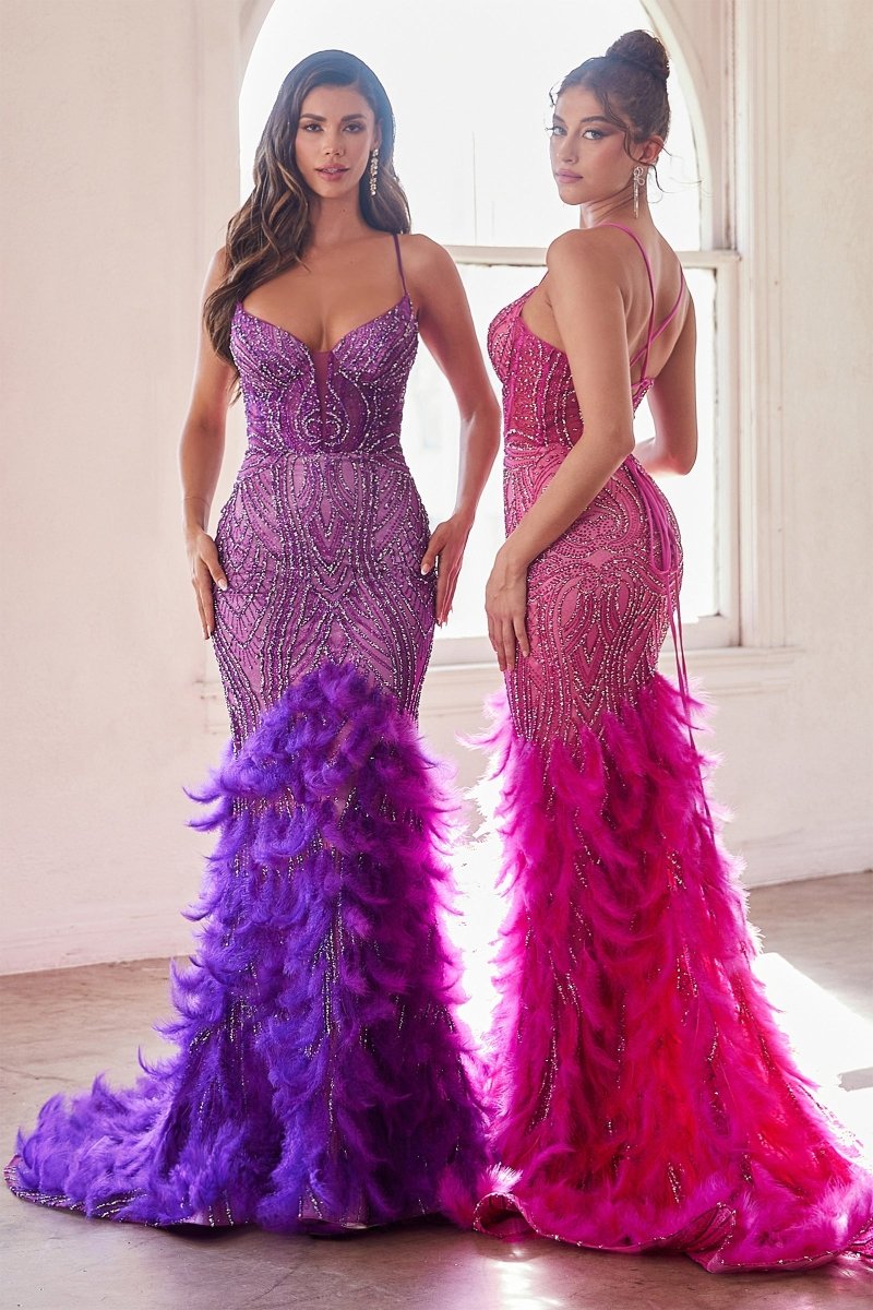 Sexy V-Neck Thin Straps Embellished Feather Mermaid Gown #CC2308
