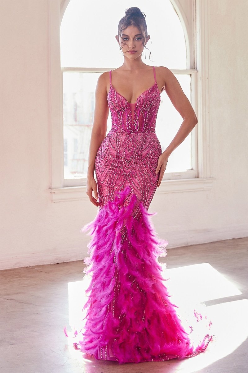 Sexy V-Neck Thin Straps Embellished Feather Mermaid Gown #CC2308