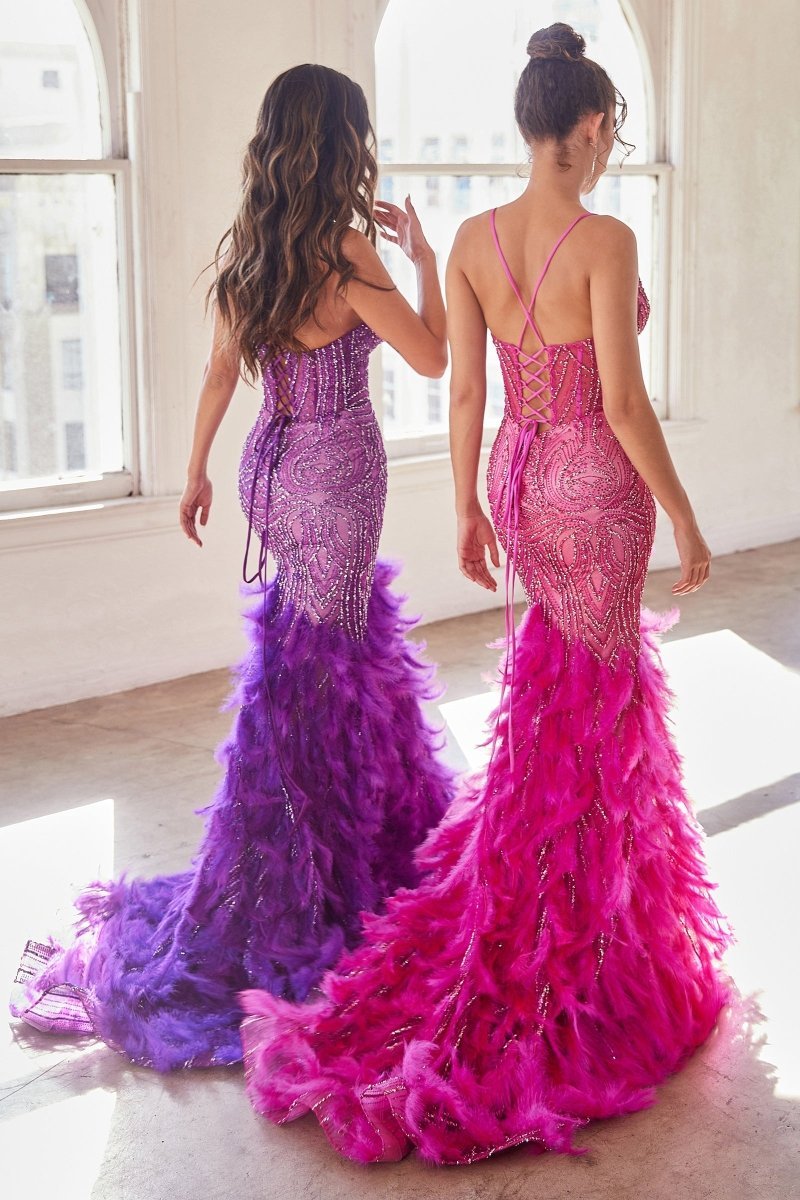 Sexy V-Neck Thin Straps Embellished Feather Mermaid Gown #CC2308