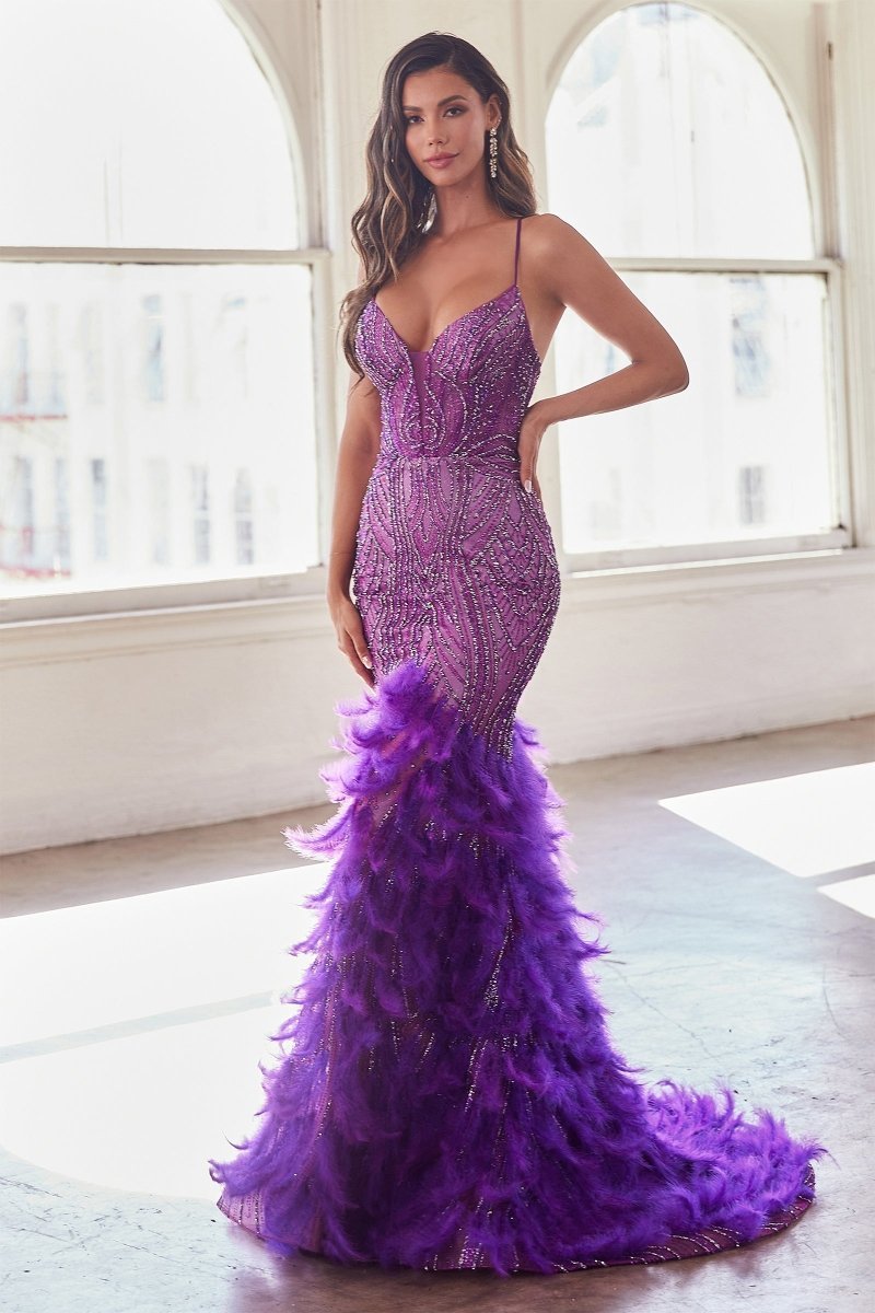 Sexy V-Neck Thin Straps Embellished Feather Mermaid Gown #CC2308