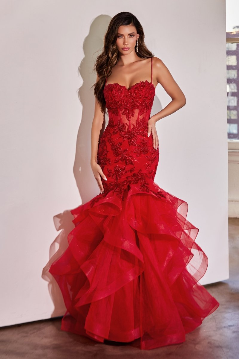 Classic Straps Deep V-Neck Sequin Ruffles Mermaid Gown #CC8915