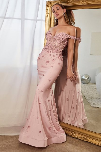 Sexy Off The Shoulder Stretch Satin Floral Accent Mermaid Gown #CC8952