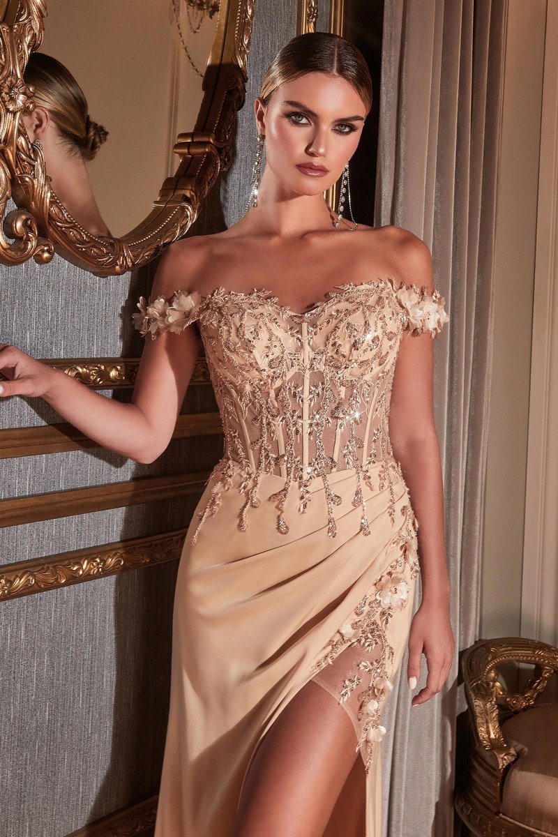 Gorgeous Fitted Floral Appliques Off The Shoulder Gown #CD0186