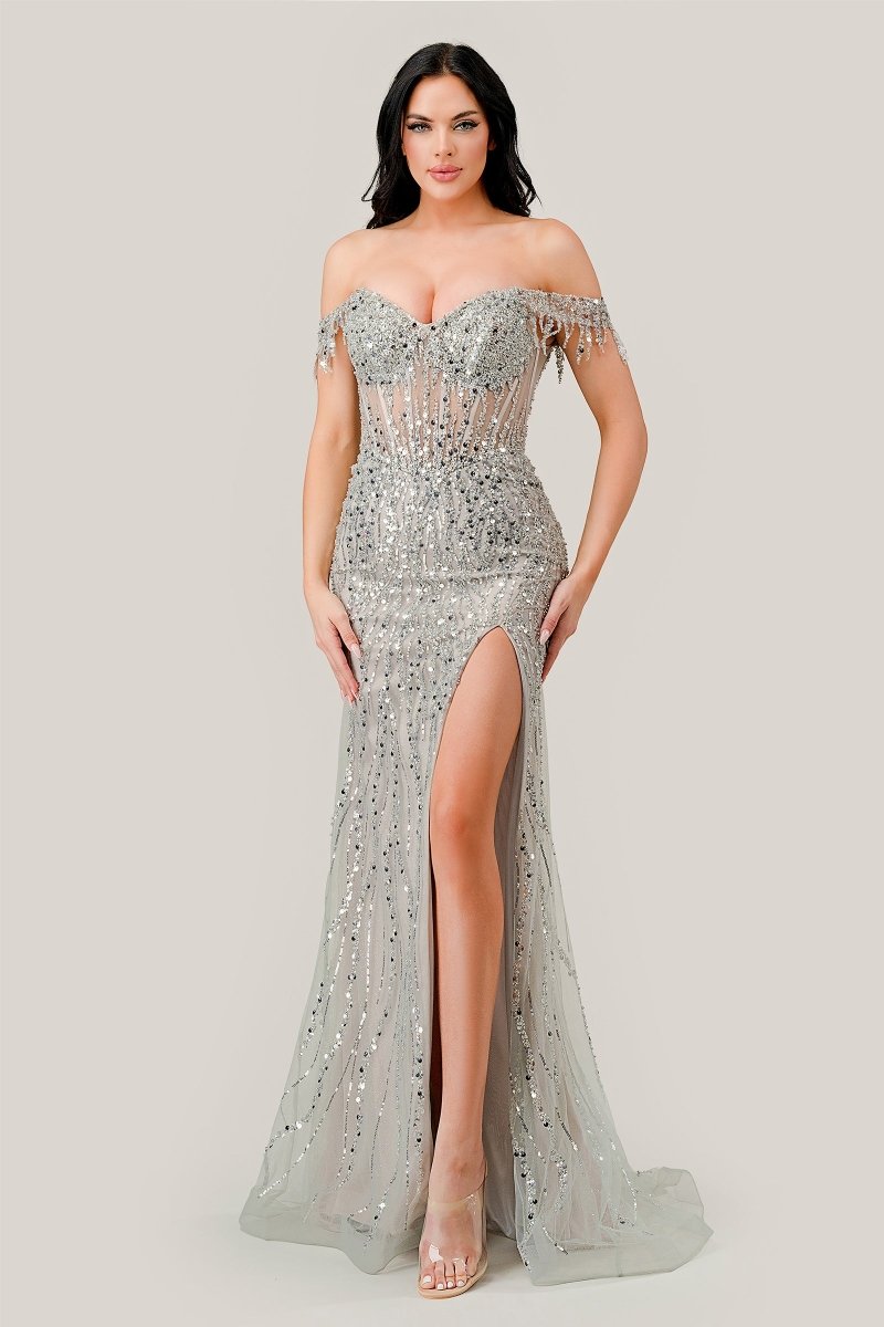 Glamorous Sweetheart Off-The-Shoulder Straps Leg Slit Sequin Gown #CD0203
