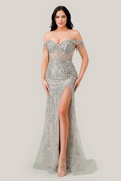 Glamorous Sweetheart Off-The-Shoulder Straps Leg Slit Sequin Gown #CD0203