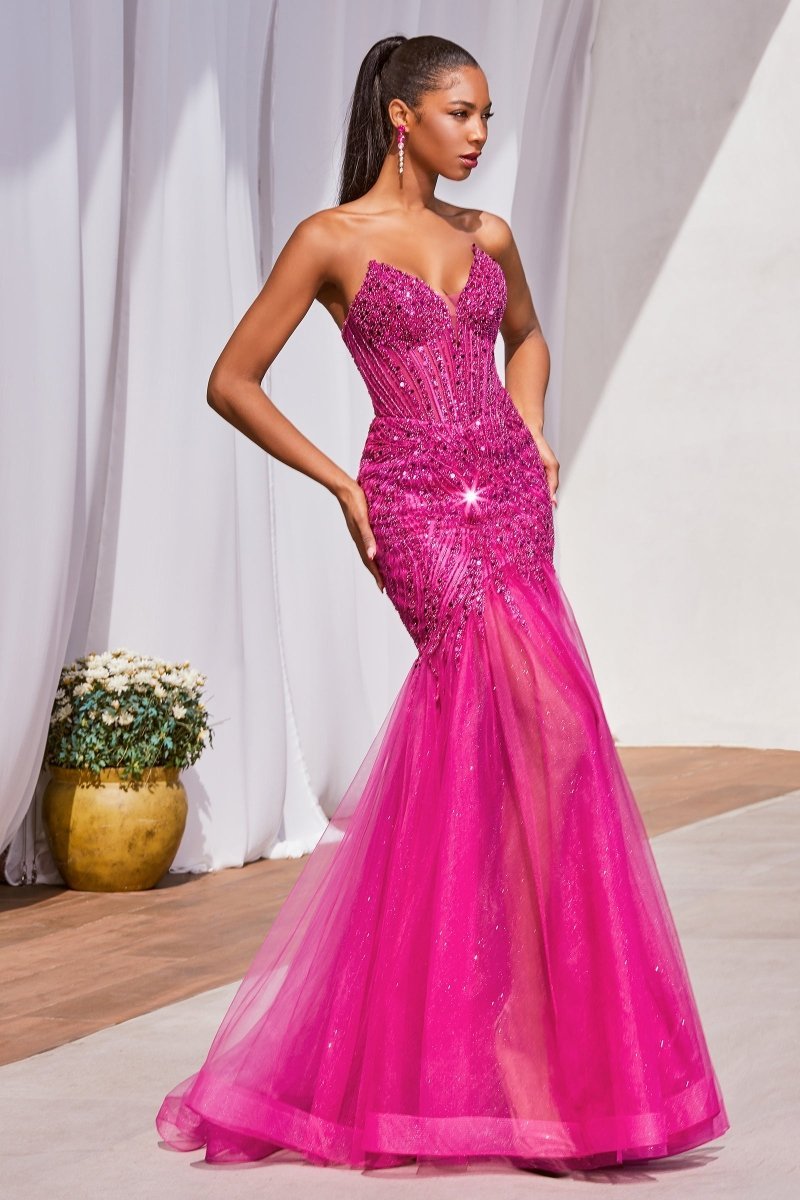 Elegant Strapless V-Neck Tulle Sequin Mermaid Gown #CD0214