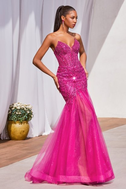 Elegant Strapless V-Neck Tulle Sequin Mermaid Gown #CD0214