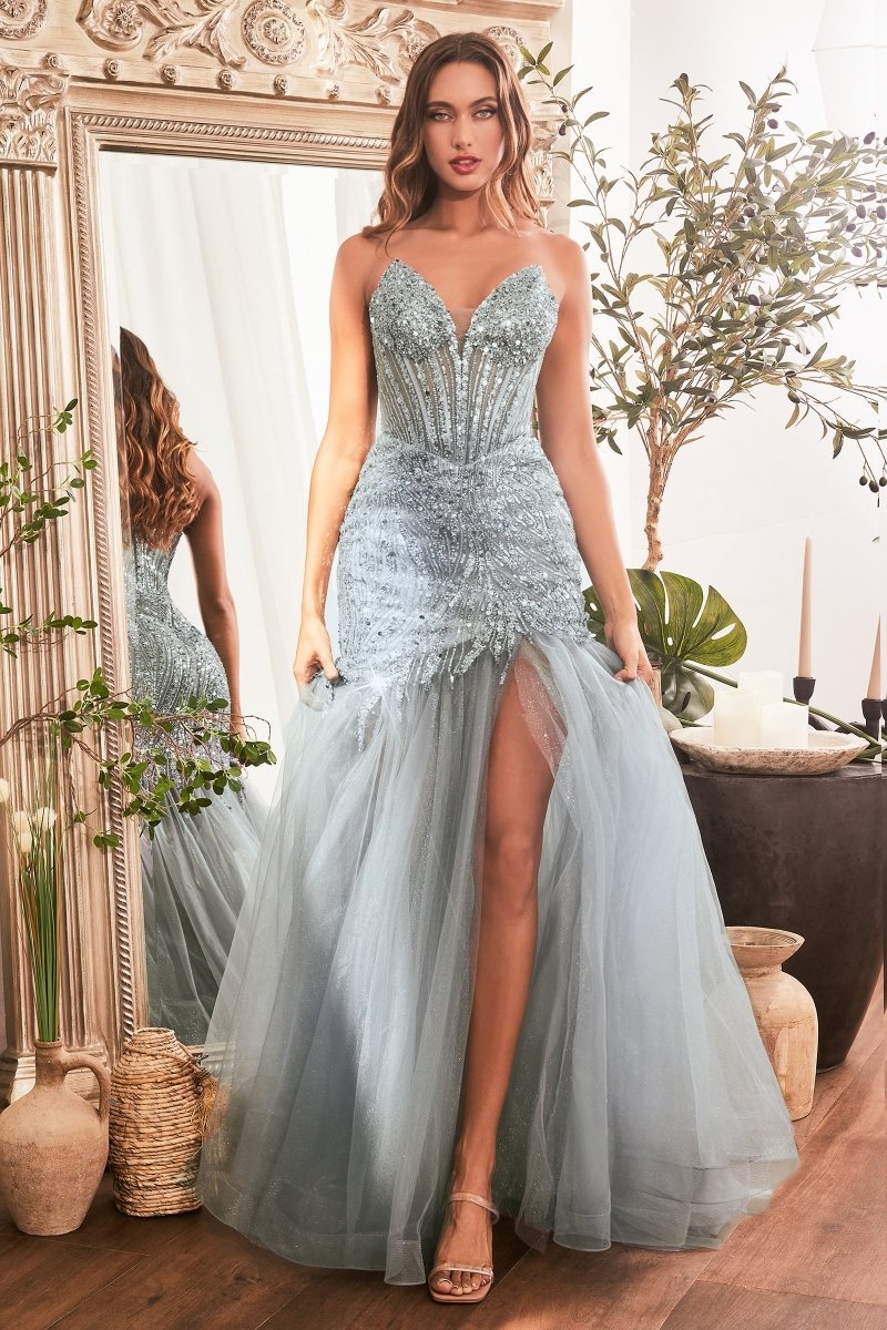 Elegant Strapless V-Neck Tulle Sequin Mermaid Gown #CD0214