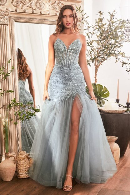 Elegant Strapless V-Neck Tulle Sequin Mermaid Gown #CD0214
