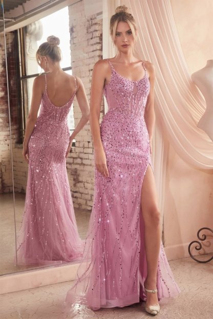 Stunning Fitted Plunging Neckline Thin Straps Sequin Gown #CD0220