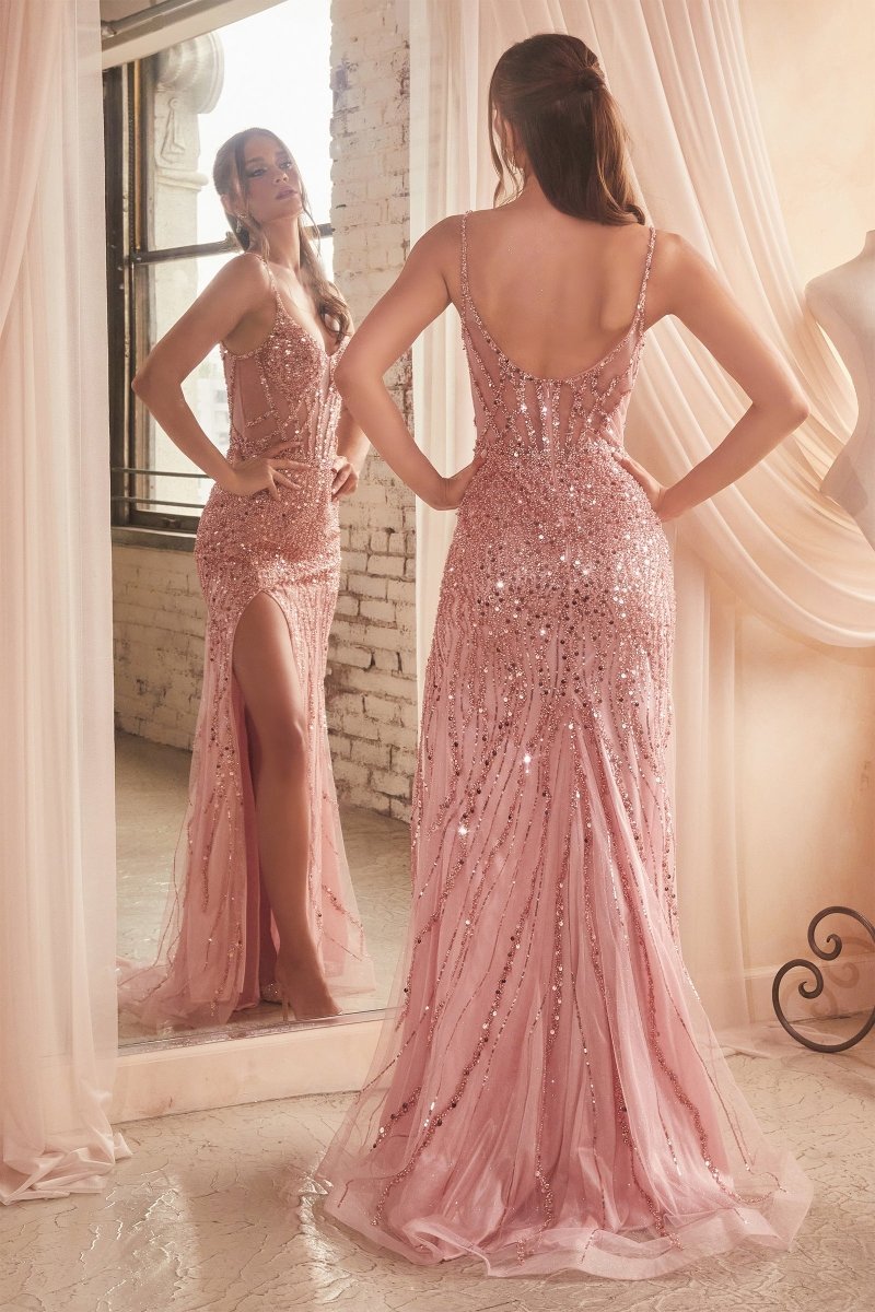 Stunning Fitted Plunging Neckline Thin Straps Sequin Gown #CD0220
