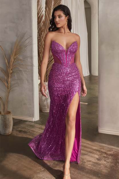 Elegance Deep Plunging Neck Strapless Fully Beaded Gown #CD0227