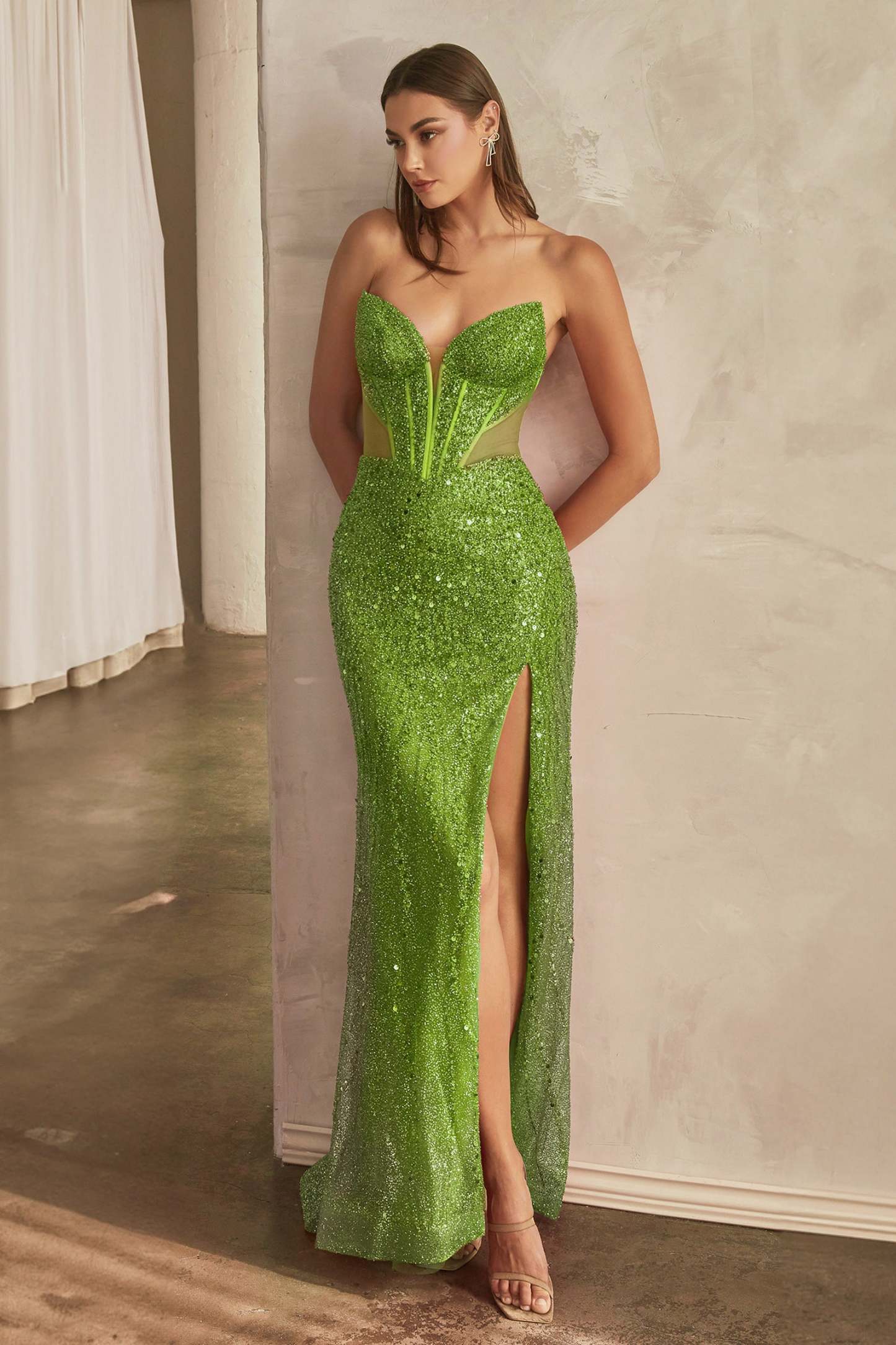Elegance Deep Plunging Neck Strapless Fully Beaded Gown #CD0227