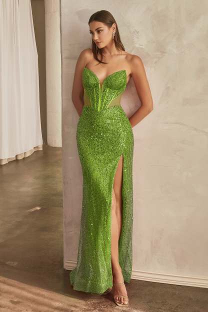 Elegance Deep Plunging Neck Strapless Fully Beaded Gown #CD0227