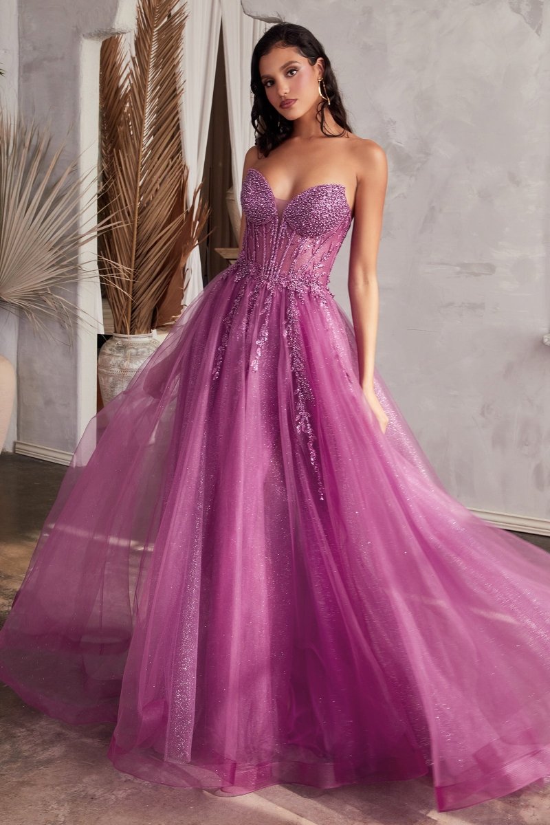 Elegant A-Line Plunging Neck Strapless Beaded Tulle Ball Gown #CD0230
