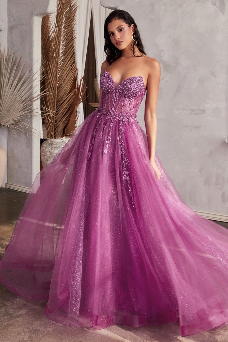 Elegant A-Line Plunging Neck Strapless Beaded Tulle Ball Gown #CD0230
