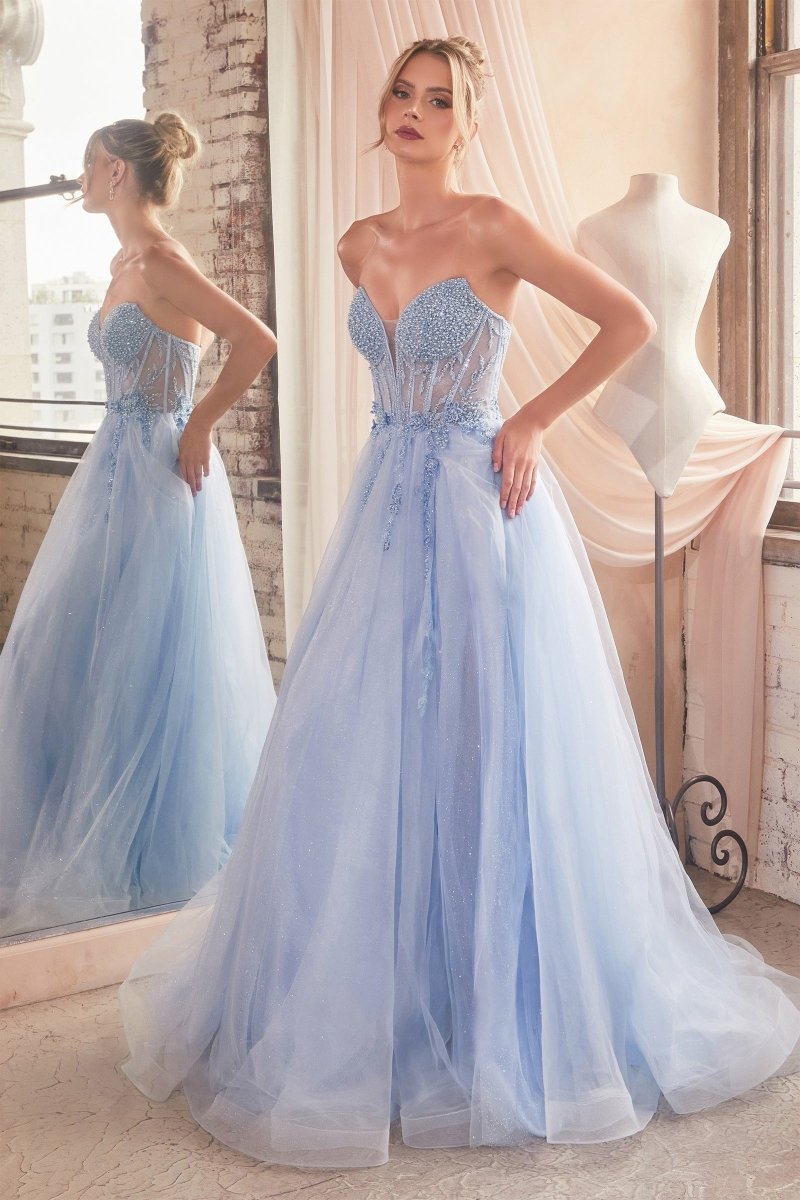 Elegant A-Line Plunging Neck Strapless Beaded Tulle Ball Gown #CD0230