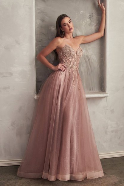 Elegant A-Line Plunging Neck Strapless Beaded Tulle Ball Gown #CD0230