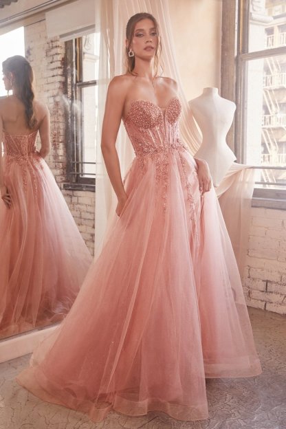 Elegant A-Line Plunging Neck Strapless Beaded Tulle Ball Gown #CD0230