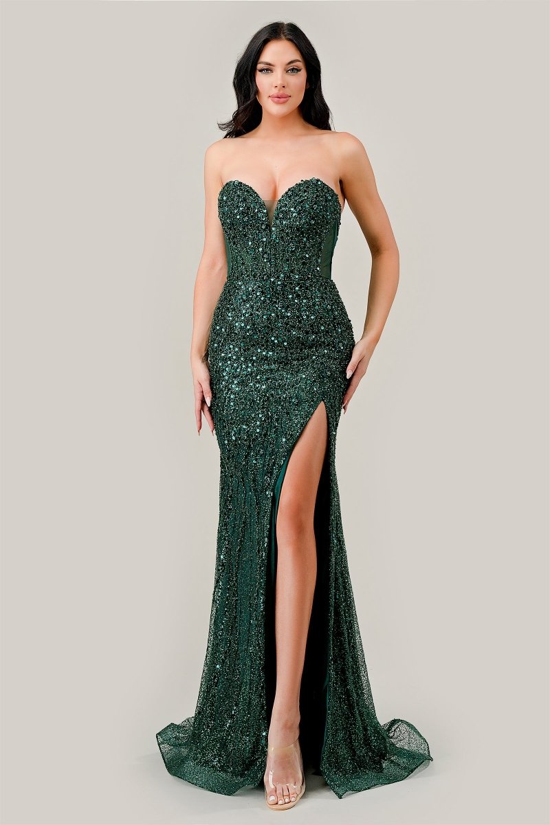 Fitted Sweetheart Beaded Emerald Leg Slit Strapless Gown #CD0233