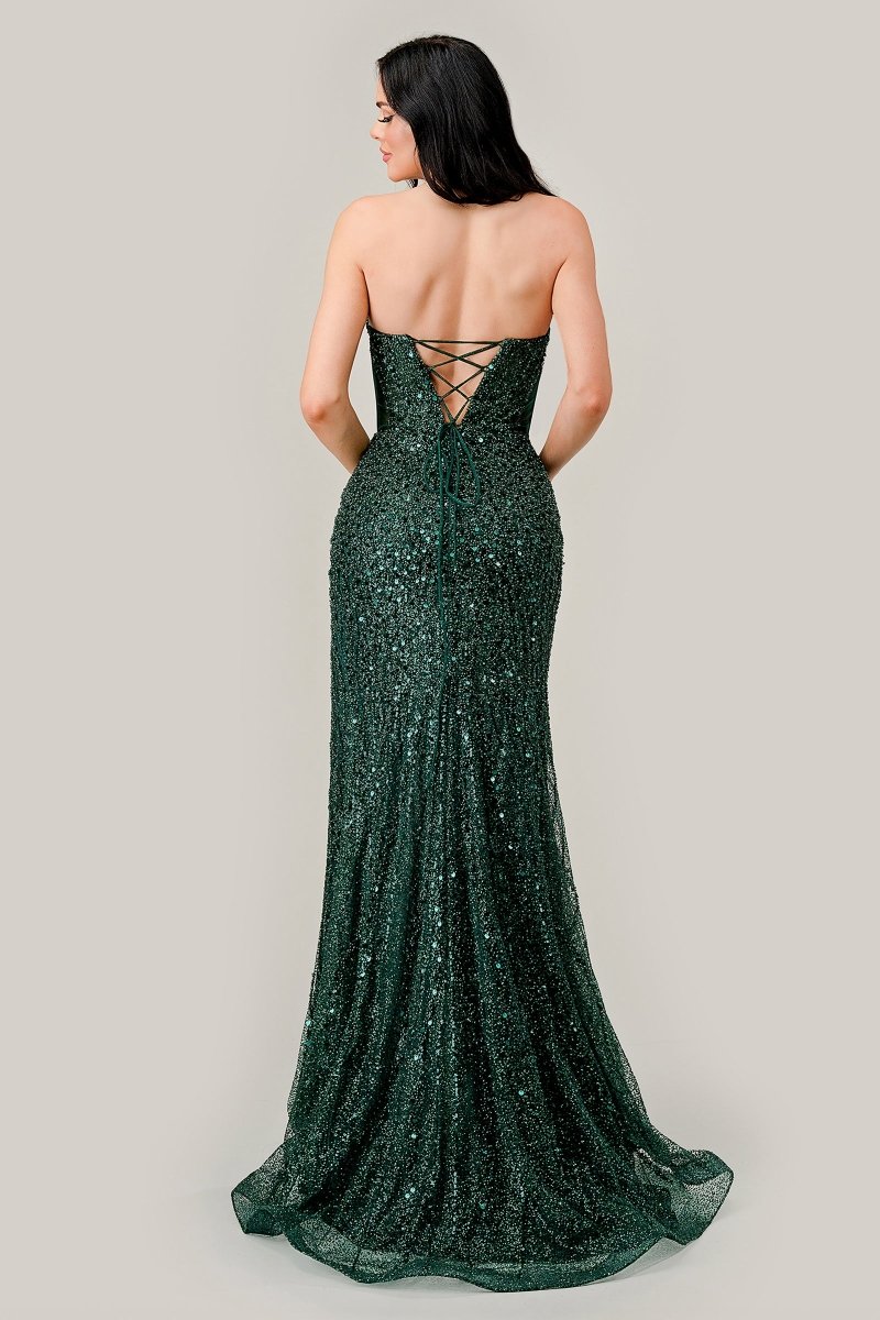 Fitted Sweetheart Beaded Emerald Leg Slit Strapless Gown #CD0233