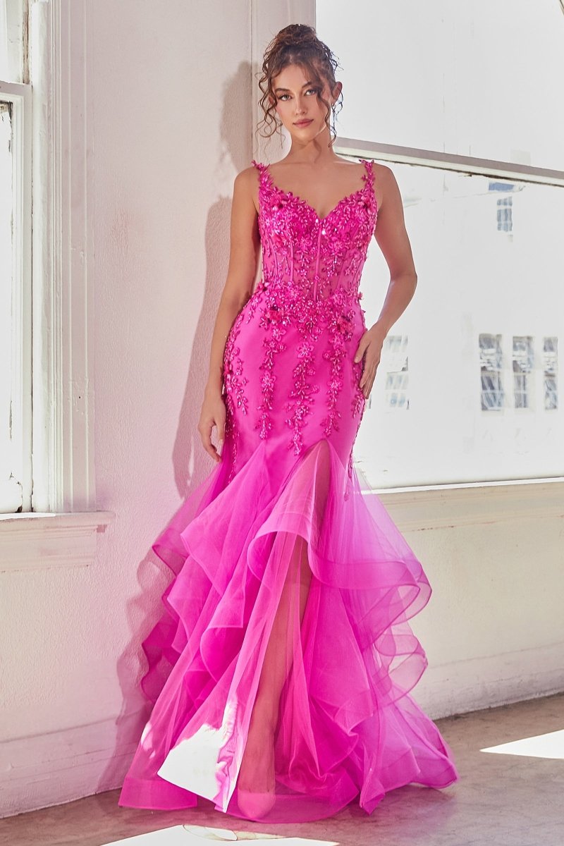 Mesmerizing Fitted Lace Appliques Full-Layered Trumpet Skirt Mermaid Gown #CD331