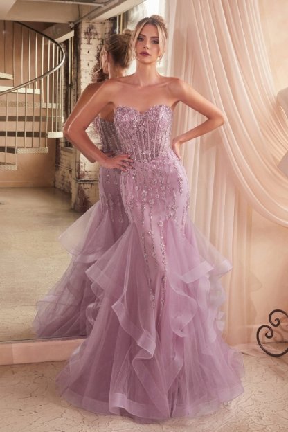 Strapless Sweetheart Floral Beaded Tiered Mermaid Gown #CD332