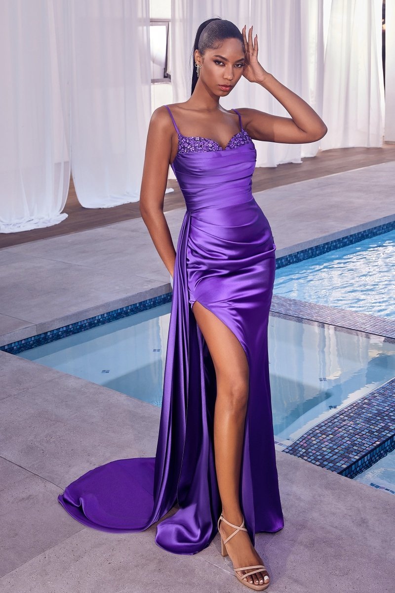 Gorgeous Fitted Thin Straps Pleated Daisy Beaded Motif Satin Gown #CD340