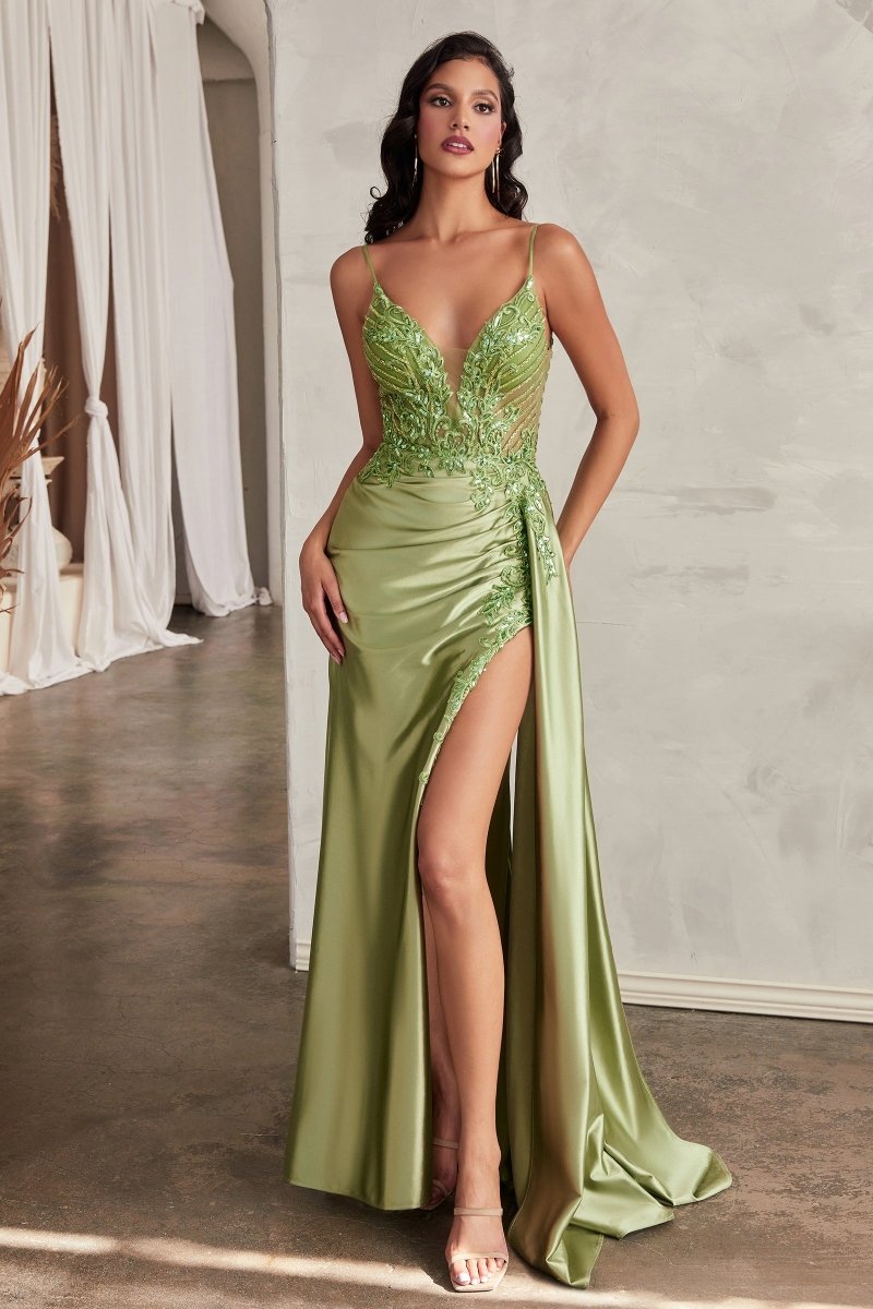Elegance Fitted Thin Straps Lace Bodice Ruched Satin Gown #CD809