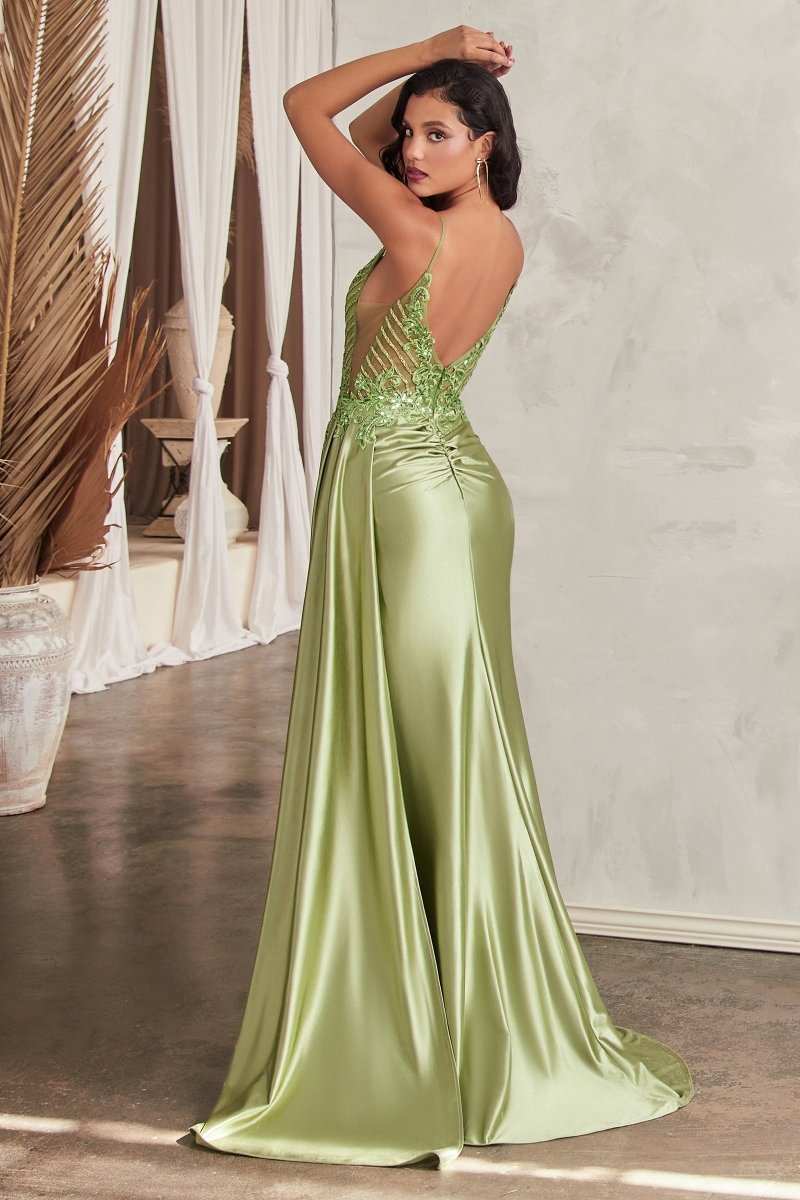 Elegance Fitted Thin Straps Lace Bodice Ruched Satin Gown #CD809
