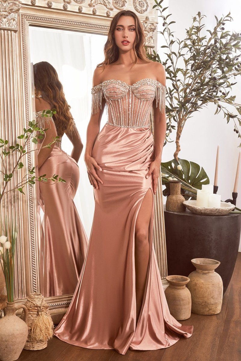 Exquisite Off The Shoulder Sweetheart Leg Slit Satin Gown #CD821