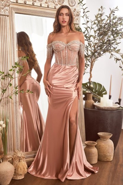 Exquisite Off The Shoulder Sweetheart Leg Slit Satin Gown #CD821