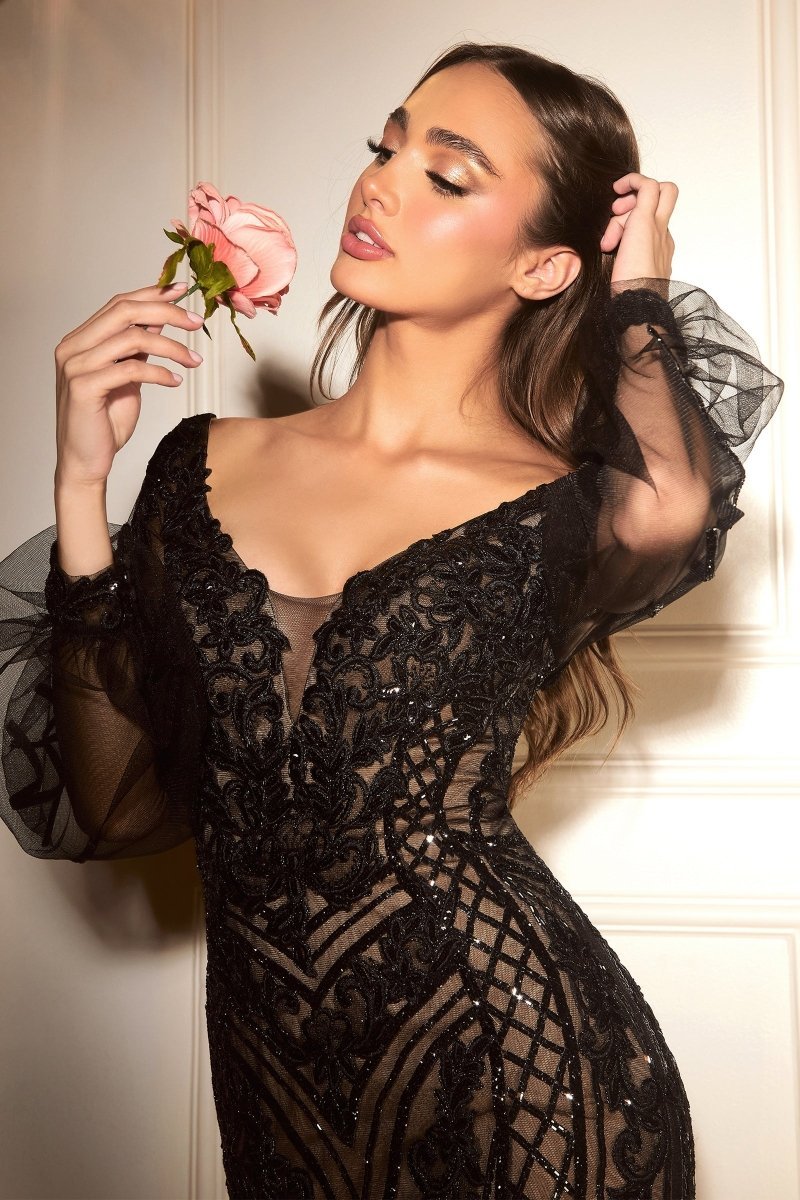 Mesmerizing Deep V-Neck Long Sleeve Glitter Tulle Mermaid Gown #CD864