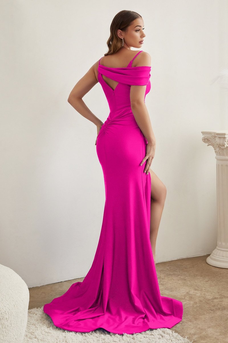 Fitted Deep V-Neck Stretch Satin Asymmetrical Shoulder Strap Gown #CD881