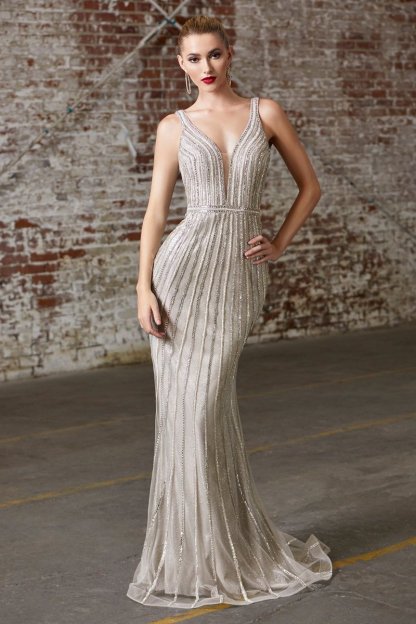 Breathtaking Plunging V-Neck Flowing Tulle Beading Mermaid Gown #CD901