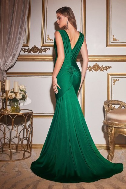 Deep V-Neck Stretch Satin Sleeveless Shoulders Evening Gown #CD912