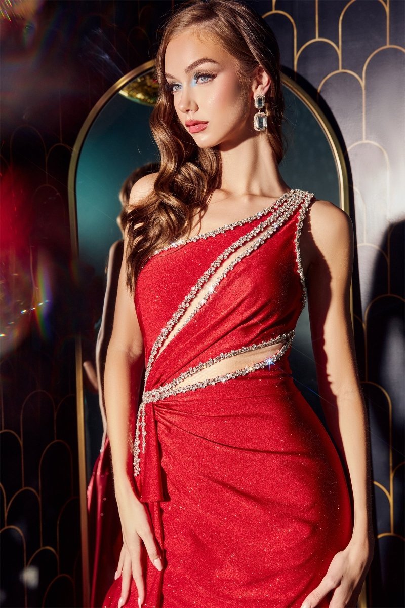 Stunning One Shoulder Embellished Stretch Satin Gown #CDS427