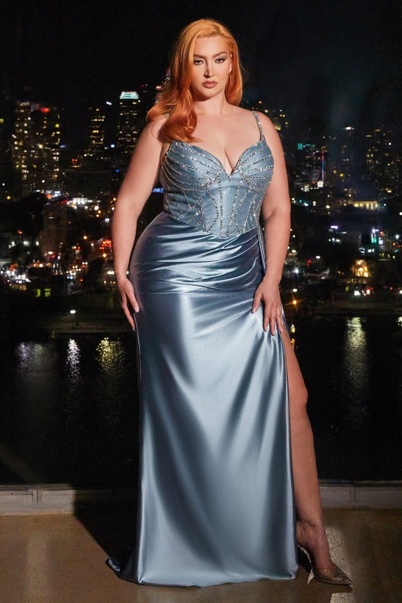 Sexy Fitted V-Neck Stretch Satin Beaded Pleated Plus Size Gown #CDS440C