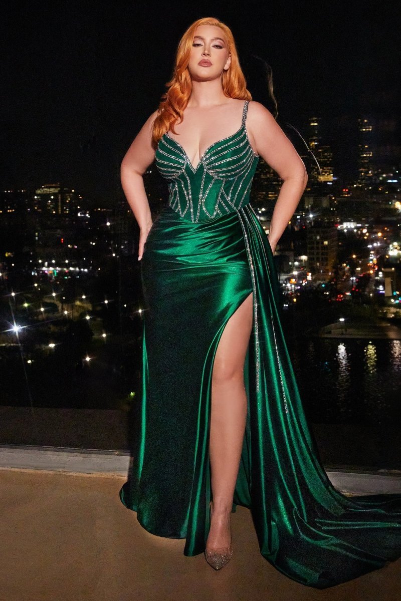 Sexy Fitted V-Neck Stretch Satin Beaded Pleated Plus Size Gown #CDS440C