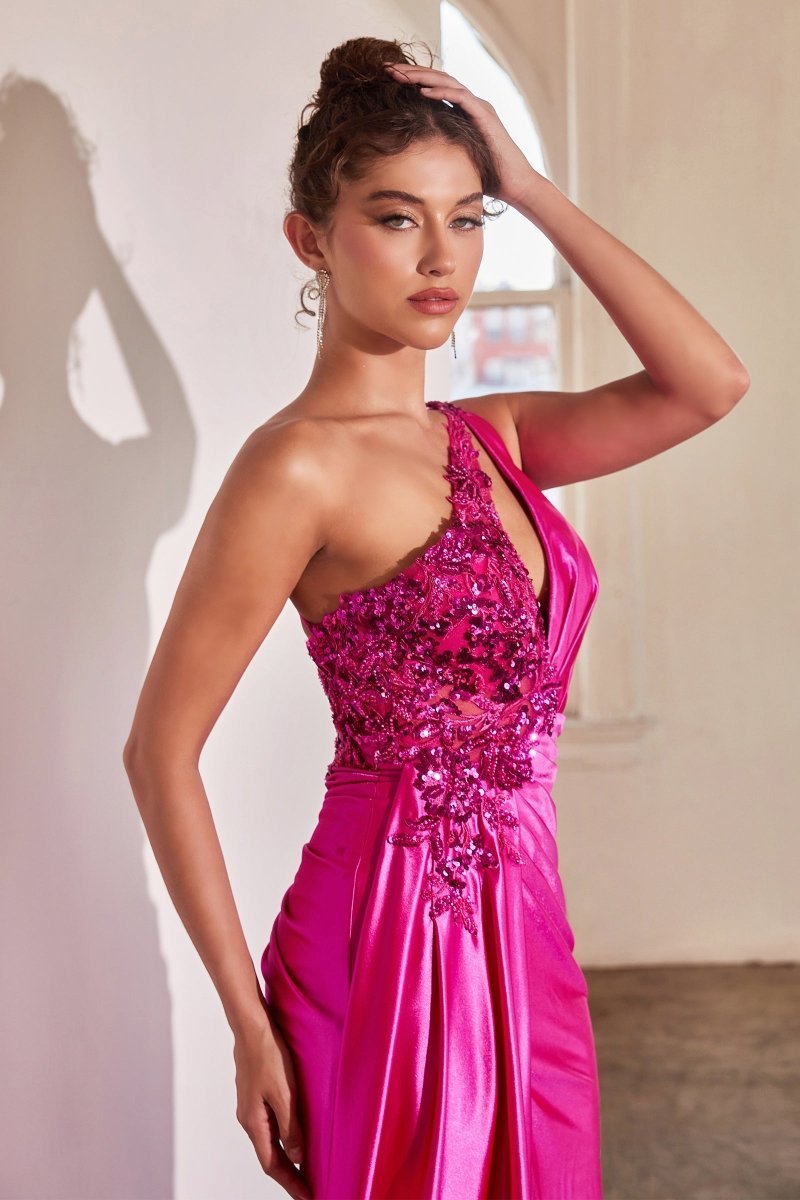 Glamorous Fitted One-Shoulder Keyhole Neckline Satin Gown #CDS454