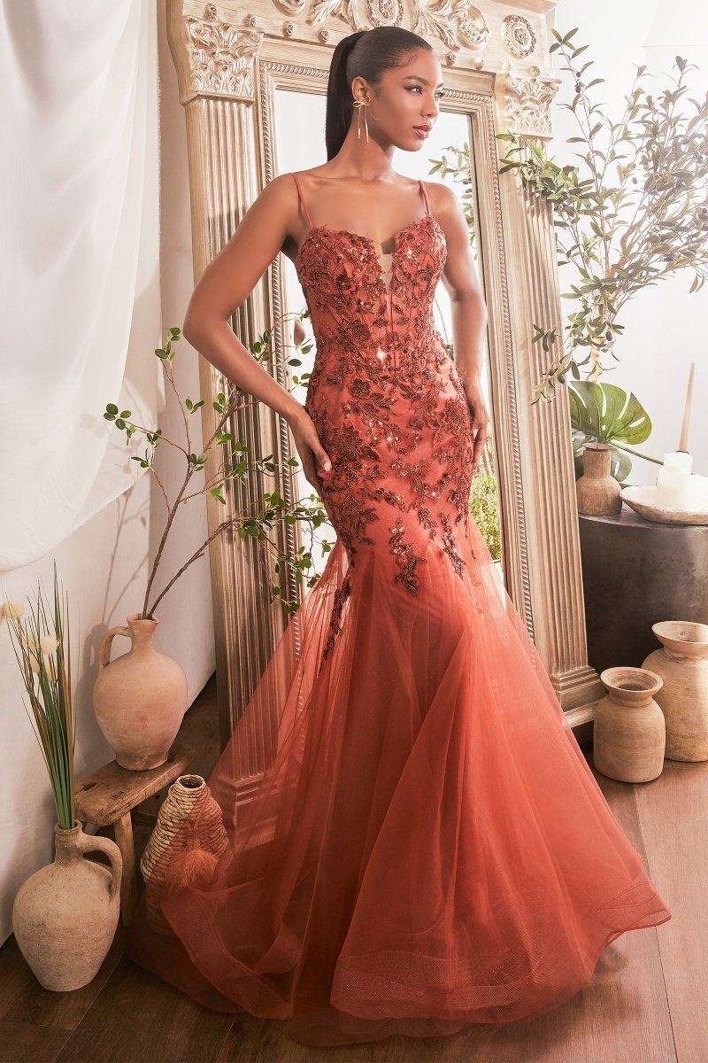Glamorous V-Neck Floral Sequin Layered Tulle Mermaid Gown #CDS488