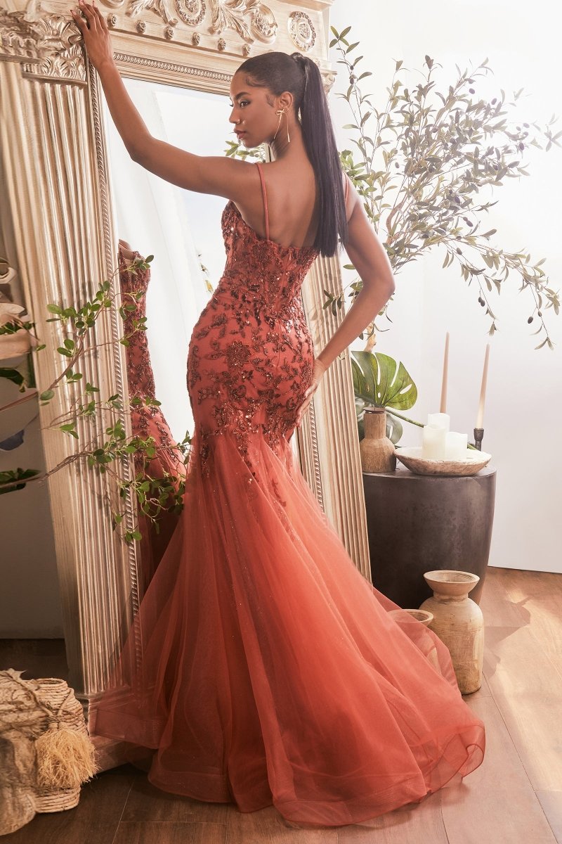 Glamorous V-Neck Floral Sequin Layered Tulle Mermaid Gown #CDS488