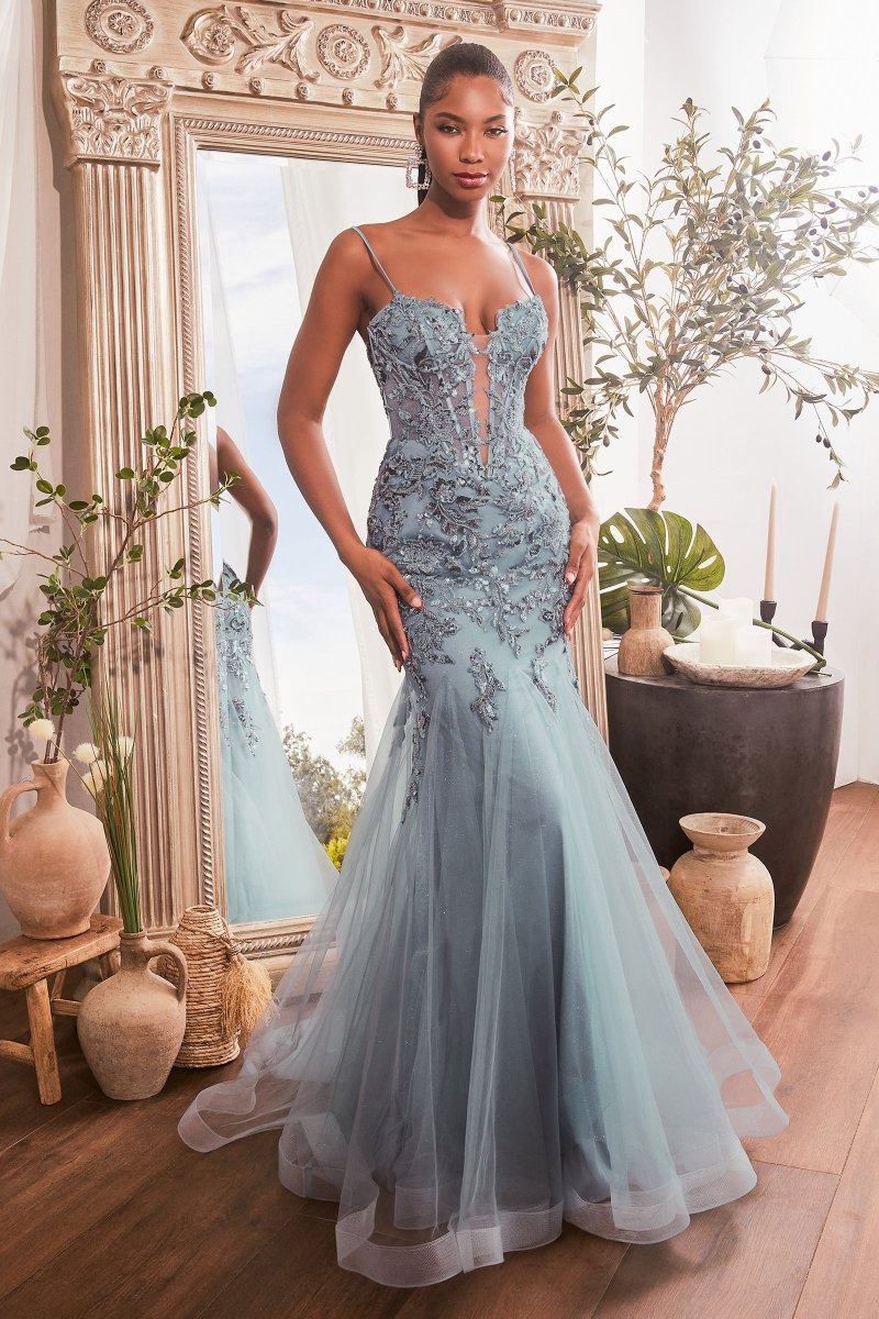Glamorous V-Neck Floral Sequin Layered Tulle Mermaid Gown #CDS488