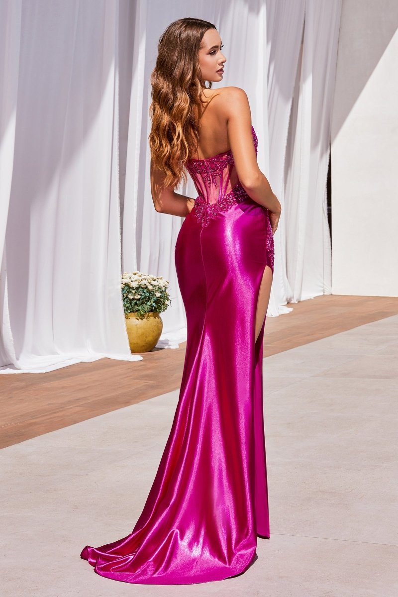 Exquisite Fitted Scoop Lace Embellishments Satin Side Leg Slit Gown #CDS489