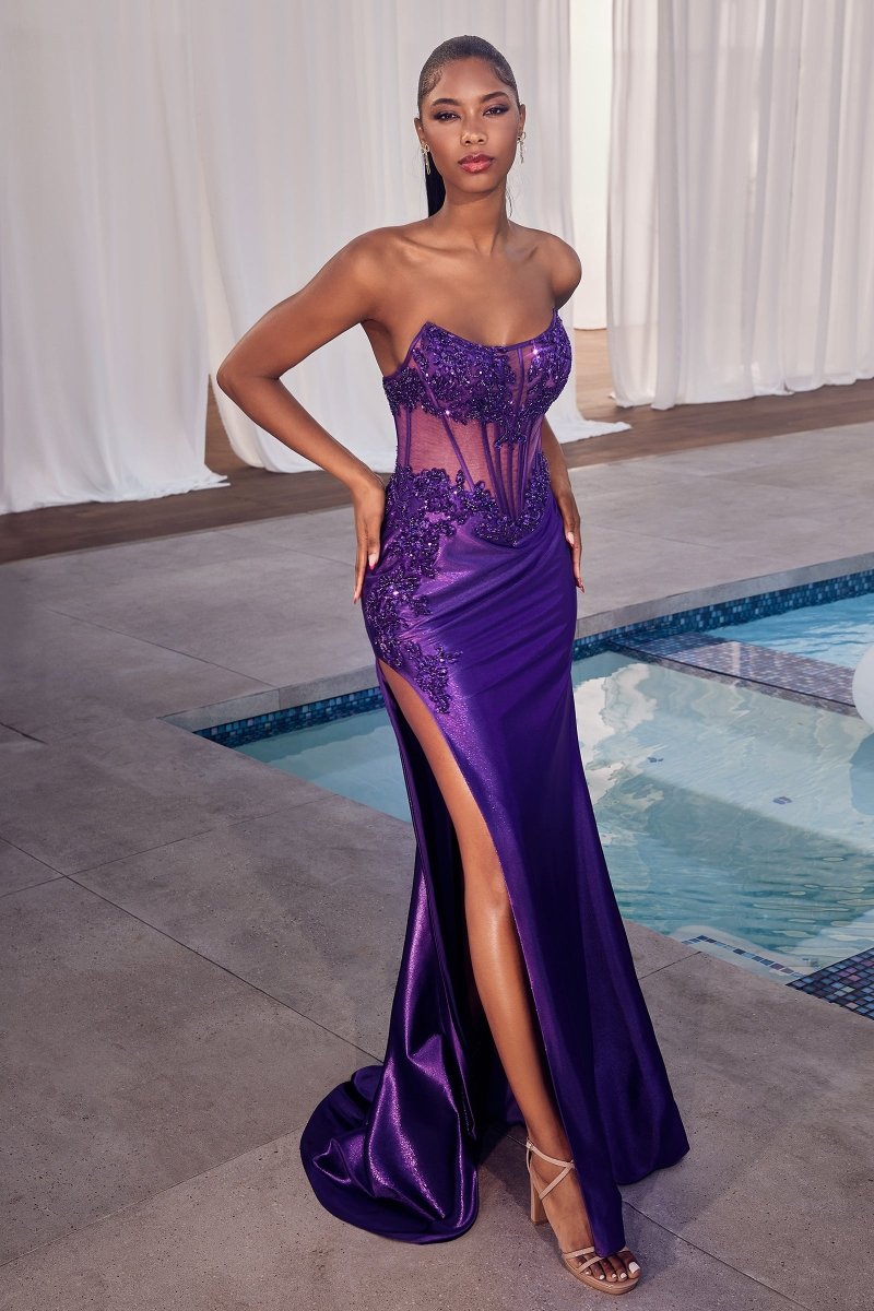 Exquisite Fitted Scoop Lace Embellishments Satin Side Leg Slit Gown #CDS489
