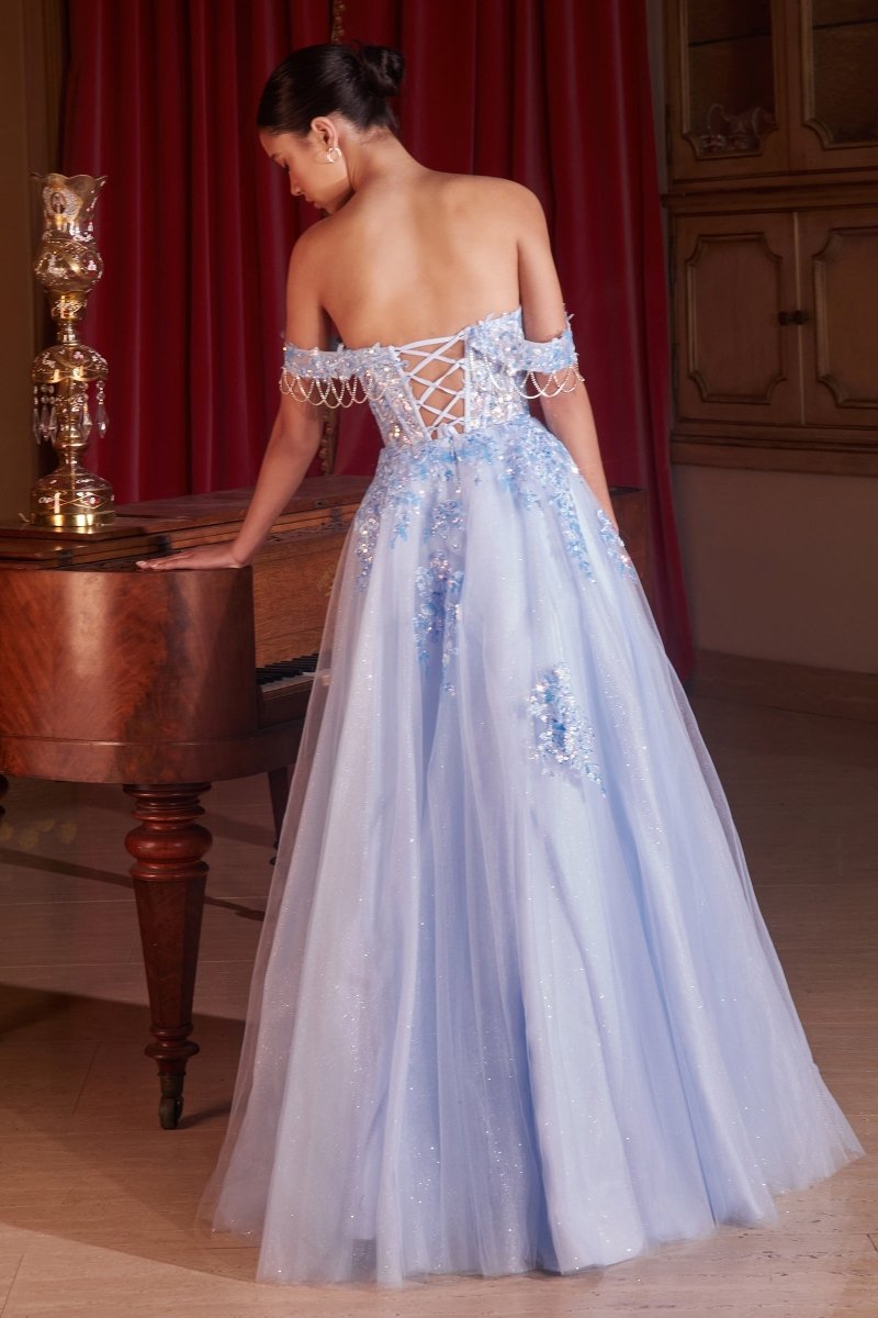 Delicate Off-The-Shoulder Lace Appliques Layered Glitter Tulle Ball Gown #CDS490